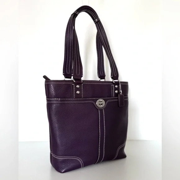 Vintage Coach Hamptons Turnlock Tote F13959 Plum Pebbled Leather - Picture 3 of 13